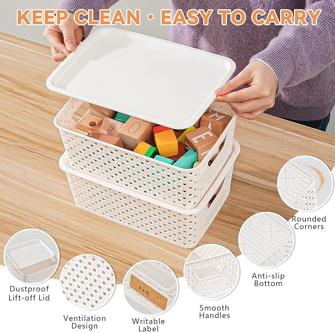 10 Pack Small Plastic Storage Bins with Lids, Stackable Plastic Storage Baskets for Organizing with Handles, Organizer Bins with Labels for Room, Craft, Containers for Pantry Organizers and Storage