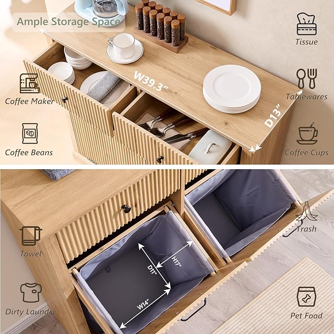 IFBUY Modern Double Tilt-Out Laundry Hamper Cabinet, 20 Gallon Fluted Trash Can Cabinet with 2 Drawers, Wooden Hidden Garbage Can Cabinets with Laundry Basket, for Bathroom and Kitchen, Natural Oak