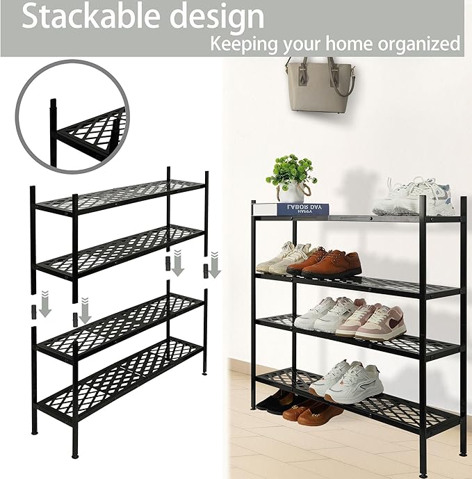 Shoe Rack, 45.6" Expandable Shoes Storage Metal Shoe Shelf Stand 2-Tier Stackable Boot Organizer for Closet, Entryway, Garage, Bedroom, Door Entrance, Black