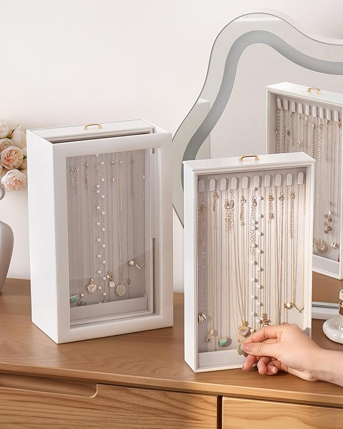 Lolalet Upgraded Double-Sided Hanging Necklace Organizer Box, Jewelry Display Case with Double-Sided Clear Window for Necklaces Bracelets, Tangle-Free Necklace Storage Box, Mothers Day Gift