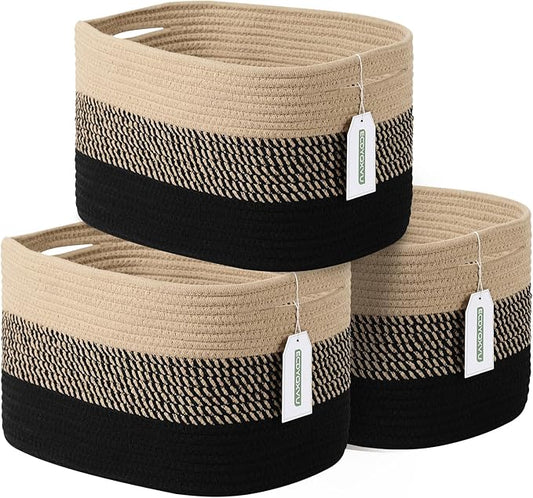 ECDYQXVU Cotton Rope Storage Basket, 15x10x9 Inches, Woven Basket for Shelves, Clothes, Towels, Books, and Laundry, Gradient Black/Brown (3 Pack)