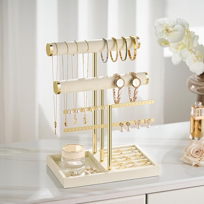 bussdis 3 Tier Bracelet Holder Display - Detachable T Bar Beige Velvet Bracelet Holder, Jewelry Holder Organizer for Bracelet, Necklace, Earrings, Rings