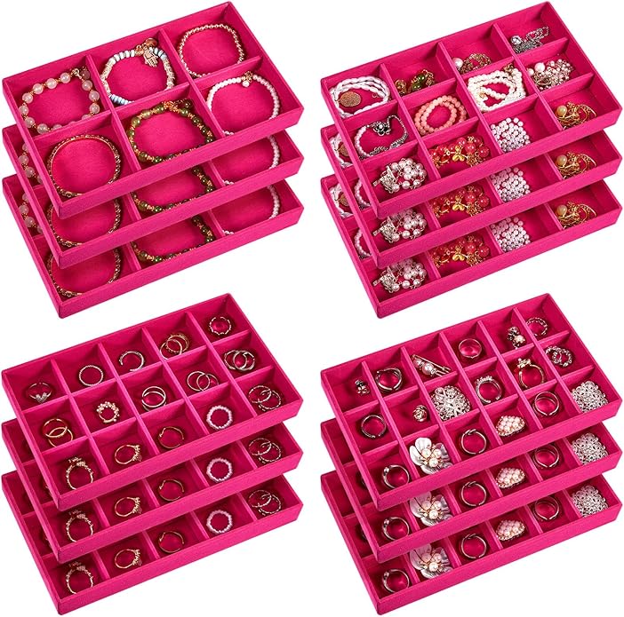 Junkin 12 Pcs Jewelry Tray Velvet Stackable Jewelry Organizer Trays Divided Earring Accessories Storage Containers Box (Rose Red)