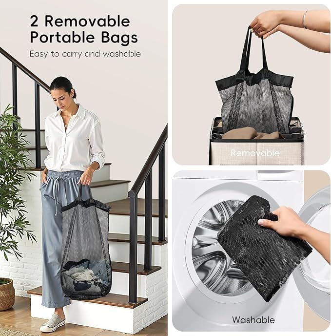 150L Double Laundry Hamper With Lid, Large Clothes Hampers with Removable Bag, Laundry Hamper 2 Section for Bathroom, Bedroom, Laundry Room, Dorm