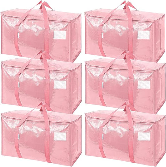 TICONN 6 Pack Extra Large Moving Bags Heavy Duty with Zippers & Carrying Handles, Durable Storage Bags Moving Boxes for Closet Organizers and Storage (6 Pack, Coral)
