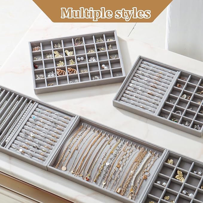 Large Velvet Jewelry Tray 2 Pack Stackable Jewelry Display Drawer Inserts Trays Organizer for Earring Bracelet Necklace Ring (Gray, 40 Grids)
