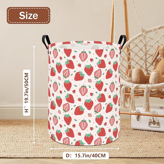 Laundry Hamper Large Canvas Fabric Lightweight Storage Basket/Toy Organizer/Dirty Clothes Collapsible Waterproof for College Dorms, Boys and Girls Bedroom,Bathroom(strawberry)
