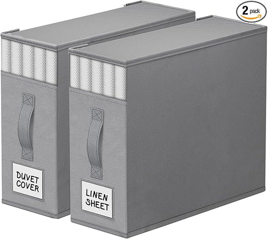 StorageTastic 2 Pack Bed Sheet Closet Organizers and Storage,Sturdy Foldable Storage Containers with Window and Label,Storage and Organization for Bedding Sheets,Duvet Covers,Blankets (Grey)