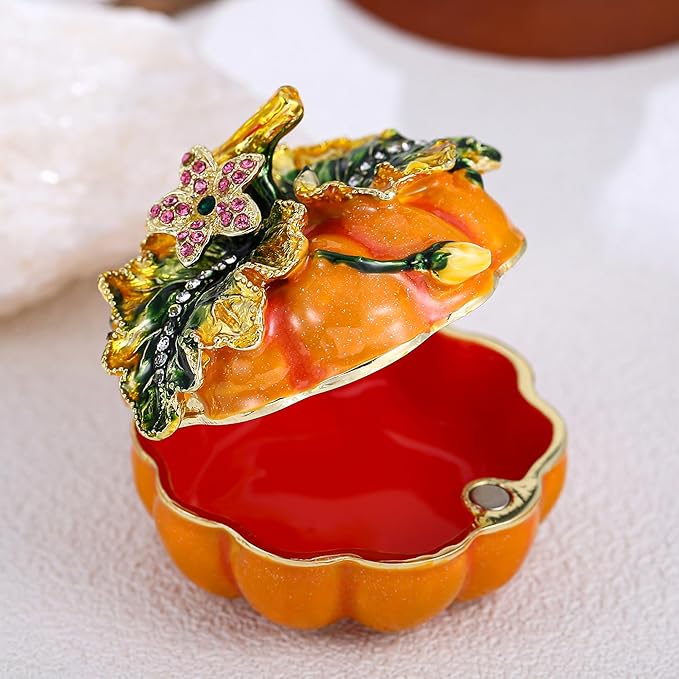 Hand Painted Fruit Trinket Box for Home Decor, Hinged Jewelry Organizer Storage, Unique Personalized Collectible Keepsake Figurine Handmade Decorative Ornament Gifts (Pumpkin)