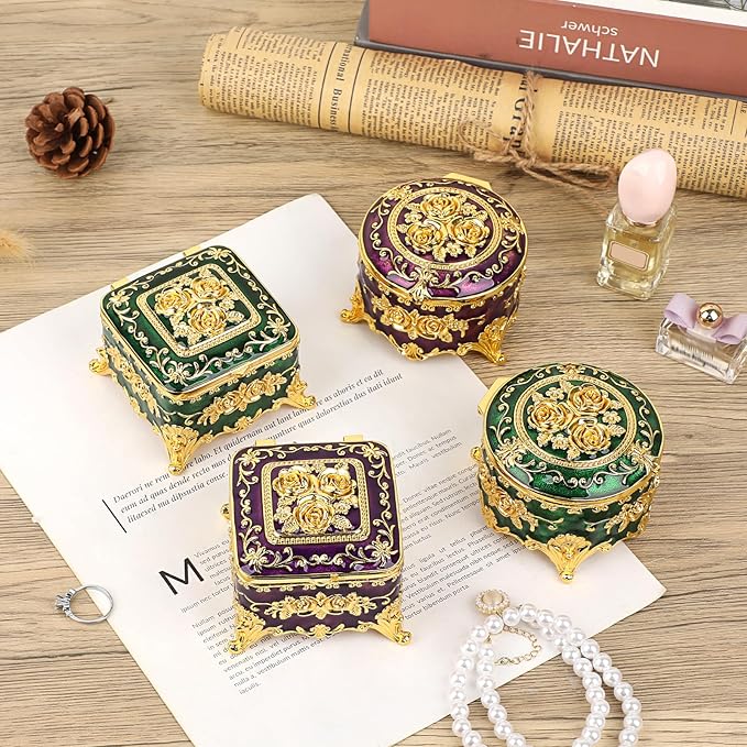 Hipiwe Vintage Jewelry Box Small Trinket Storage Organizer Box Gold Metal Chest Ring Case Treasure Chest Square Keepsake Boxes for Earrings Necklace Gift for Women,Green