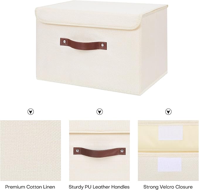 ANMINY Storage Bin with Lid Storage Boxes with PU Leather Handles PP Plastic Board Decorative Foldable Lidded Cotton Linen Fabric Home Cubes Baskets Closet Organizer Container - Beige, Medium
