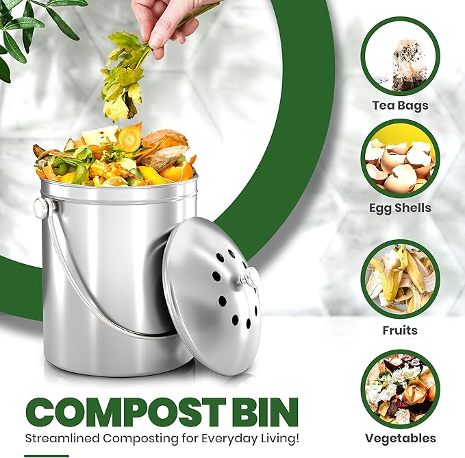 Utopia Kitchen Countertop Compost Bin Kitchen with Charcoal Filter -1.3gallon Stainless Steel Kitchen Compost Bin Countertop - Ideal Kitchen Essentials or Small Composter for Under The Sink Trash