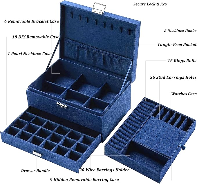 QBestry 3-Layer Jewelry Box for Women with Lock and Key & Drawer, Large Jewelry Organizer with 8 Necklace Hooks & 56 Earring Holes, Navy Velvet Jewelry Storage Box for Necklaces Earrings Ring Bracelet