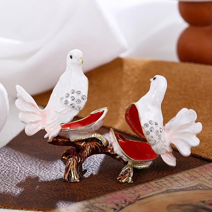Hand Painted Animal Trinket Box for Home Decor, Hinged Jewelry Organizer Storage, Unique Personalized Collectible Keepsake Figurine Handmade Decorative Ornament Gifts (Dove Couple)