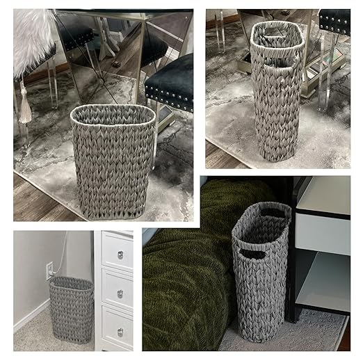 Coeusy 5 Gallon Wicker Trash Can,Wicker Bathroom Trash Can with Handles,Handwoven Waste Basket Waterproof Narrow Small Garbage Can for Bedroom,Bathroom,Office,Grey/20 Liters