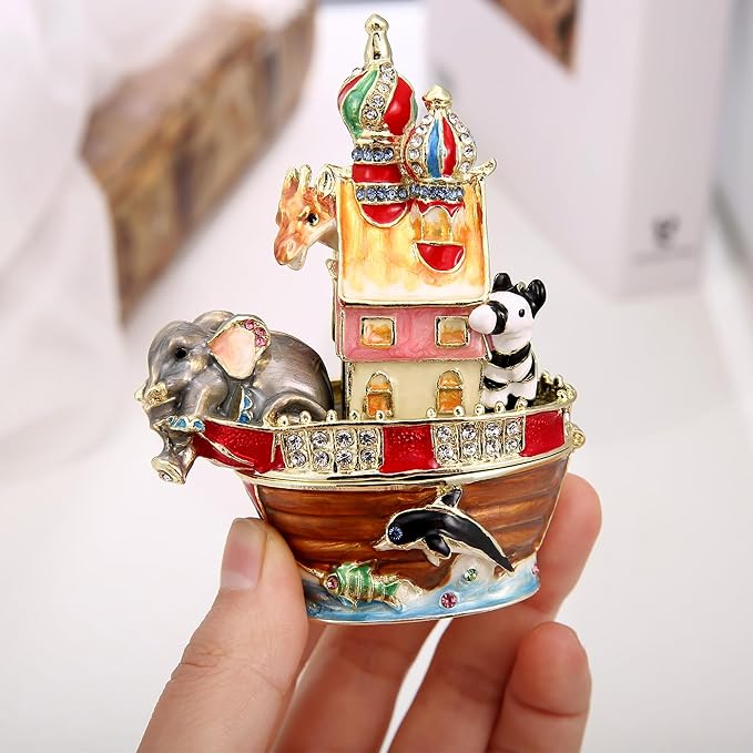 Hand Painted Animal Trinket Box for Home Decor, Hinged Jewelry Organizer Storage, Unique Personalized Collectible Keepsake Figurine Handmade Decorative Ornament Gifts (Noah's Ark)