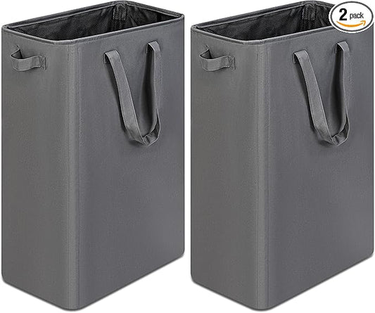 efluky Slim Laundry Basket, Narrow Laundry Hamper with Handles, Collapsible Dirty Clothes Hamper, Tall Laundry Bin for Laundry Room, Dorm and Bedroom, 19.8 Gallon (75L) Grey (Pack of 2)