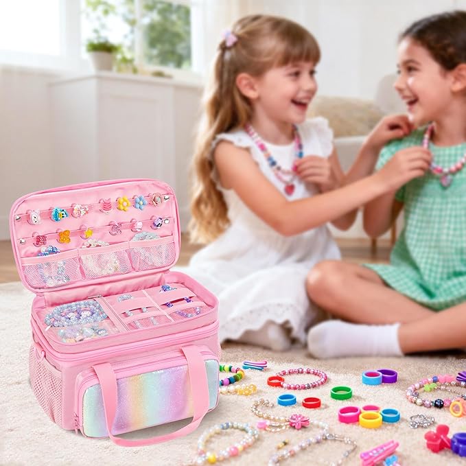 GRAOSO Double Layer Jewelry Organizer Storage for Kids Girls, Travel Jewelry Case Bag, Portable Jewelry Box with Handle and Detachable Shoulder Strap for Necklaces, Earrings, Rings, Pink (Case Only)