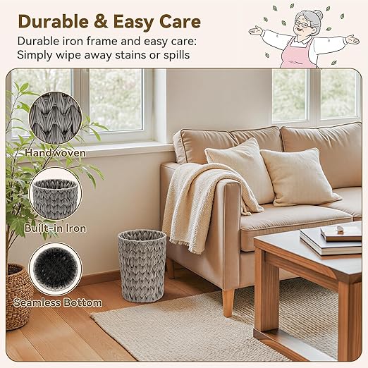 GRANNY SAYS Small Wicker Trash Can, 2 Gallon Bathroom Waste Basket, Small Bathroom Garbage Can, Plastic Trash Basket for Decor, Round Wastebaskets for Office, Bedroom, Cabinet, Grey