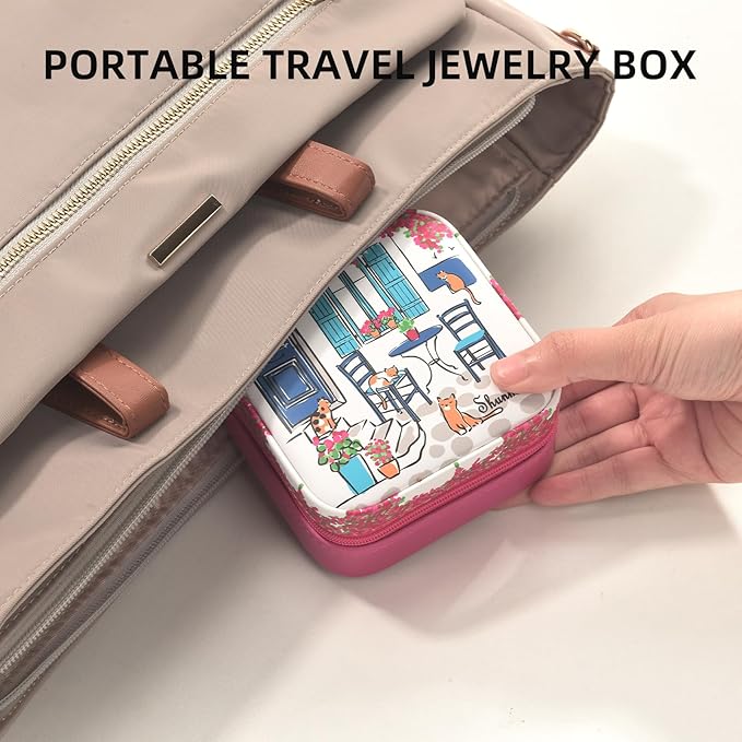 shunmei Mini Travel Jewelry Box,PU Leather Portable Jewelry Organizer Case,Art Accessories Storage Holder Boxes for Earring, Necklace, Rings, Bracelets (Four Cats)