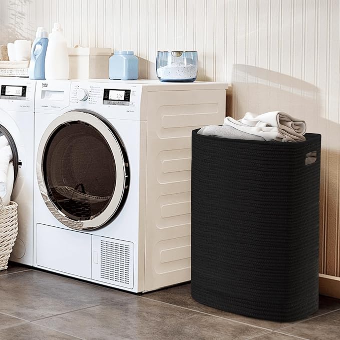 MEGASKET Large Laundry Hamper 16"x13"x22" - Tall Woven Laundry Basket, Cotton Rope Dirty Clothes Hamper, Baby Kids Nursery Wicker Laundry Basket, Bedroom Aesthetic, Soft Laundry Bin, Black Hamper, 75L