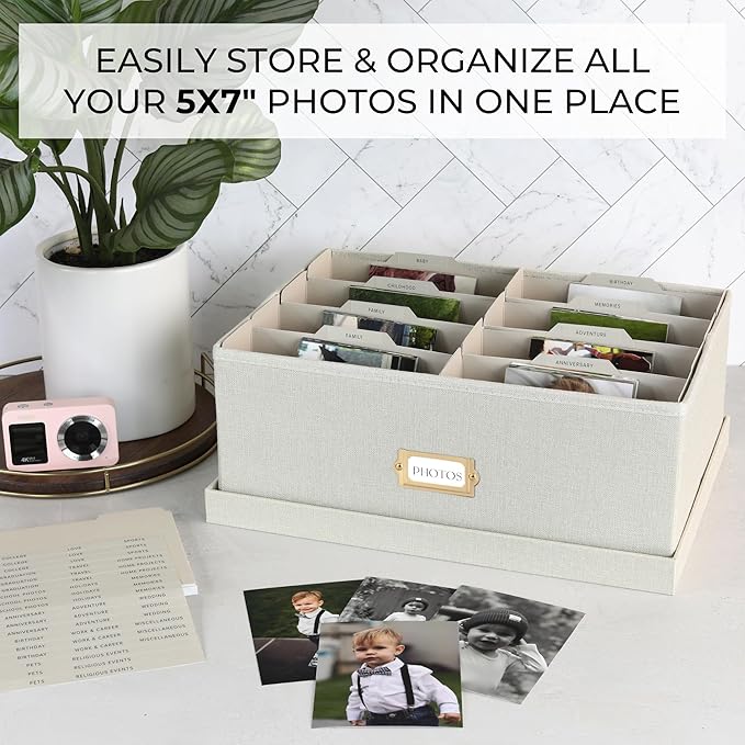 ZICOTO Decorative Photo Storage Box - Sturdy Linen Photo Organizer with Dividers is Perfect to Store Up to 1700 Pictures and 5x7 Photos - Portable Scrapbook Storage Containers with Lid