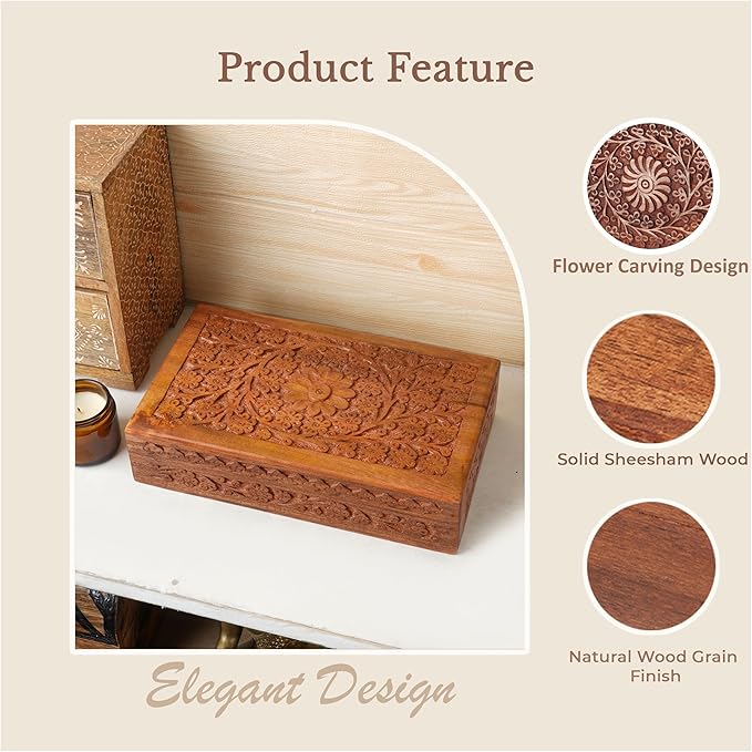 Ajuny Wooden Handcarved Decorative Jewelry Storage Box Flower Design Multipurpose Treasure Chest Keepsake Organizer Necklaces Watch Boxes Great for Gifts 10x6 Inch