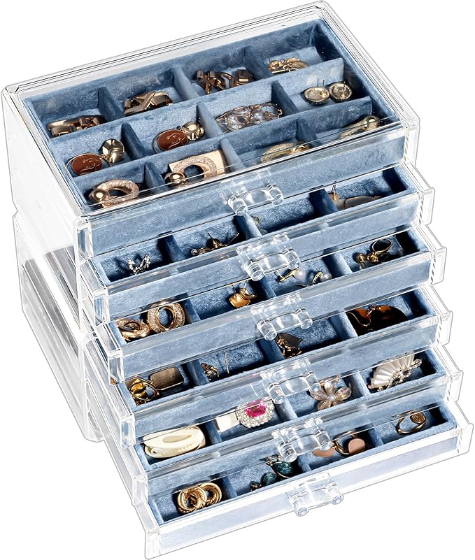 Lolalet Earring Holder Organizer Box Jewelry Storage with 6 Drawers, Clear Acrylic Stackable Earring Case with Adjustable Velvet Trays for Women on Dresser Vanity -Blue, 6 Layers