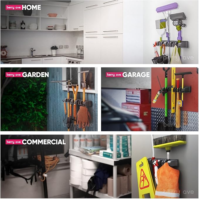 Berry Ave 5 Racks 6 Hooks Mop and Broom Holder Wall Mount, Broom Organizer Storage Tool Rack, Heavy Duty Wall Mount for Brooms and Mops, Utility Closet Garage Kitchen Laundry Organizer