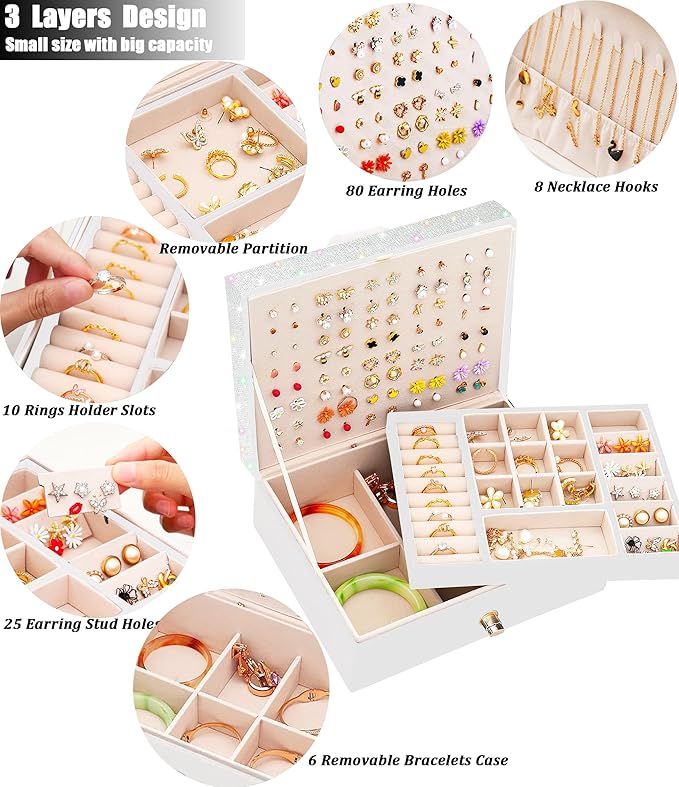 QBestry Jewelry Box for Earrings, Teen Girls Jewelry Organizer Box Earring Holder Organizer for Girls Jewelry Box Stud Earring Organizers for Girls Earrings Jewelry Boxes for Women Bling