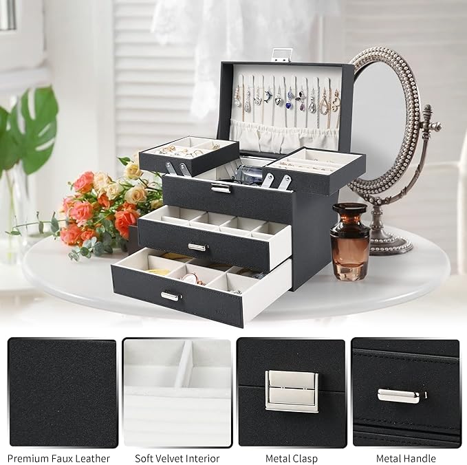 Dajasan Jewelry Organizer Box, Large Jewelry Boxes for Women Girls, Space-Saving 4 Layers Jewelry Storage Case with Drawer, Movable Metal Stand, Modern, Gift Idea (Black + Silver)