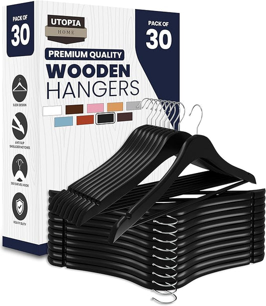 Utopia Home Premium Wooden Hangers 30 Pack - Durable & Slim Coat Hanger - Suit Hanger with 360-Degree Rotatable Hook - Wood Hangers with Shoulder Grooves (Black)