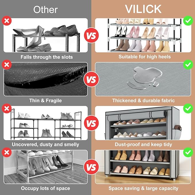 VILICK Shoe Rack with Cover Narrow Shoe Organizer with Pockets 10 Tier Tall Shoe Storage Holds 36-41 Pairs Shoes and Boots Shoe Rack for Closet Entryway Garage, Grey