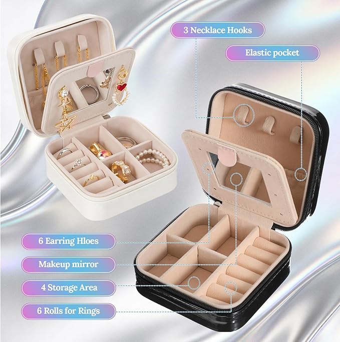 Nosiny 2 Pack Travel Jewelry Case with Mirror Small Laser Jewelry Box Organizer Gifts for Mother's Day Women Rings Earrings(White and Black)