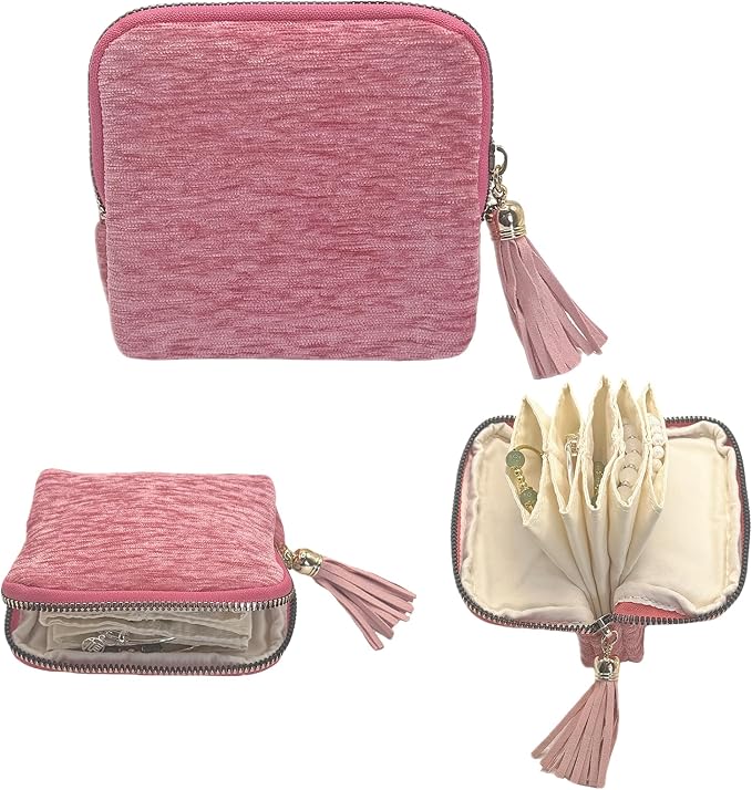 Small Travel Jewelry Case - Jewelry Travel Organizer Bag with Tassel Zipper for Bracelets, Necklaces, Bangles, Jewelry Organizer Storage Bag Gift for Women Girls - LJB001-Pink
