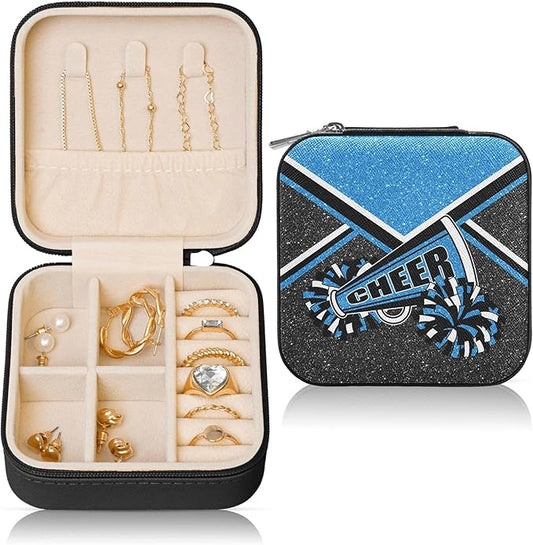 Cheerleader Travel Jewelry Case, Cheer Travel Jewelry Box for Women, Mini Jewelry Travel Case for Cheer Team, Cheerleader Gifts for Girls (Blue)