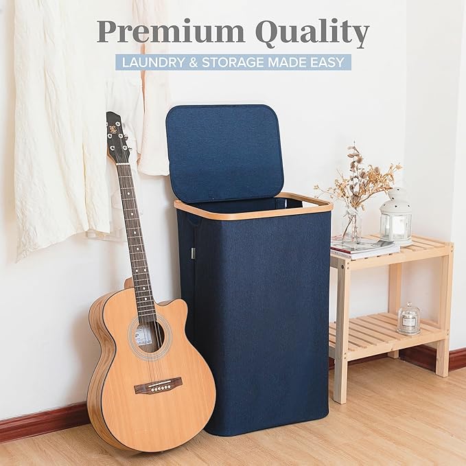 LONBET Laundry Basket with Lid, Made from Breathable Fabric | Aesthetic Clothes Hampers for Laundry with Side Handles & Sturdy Bamboo Frame (26 Gallons - Single, Blue)