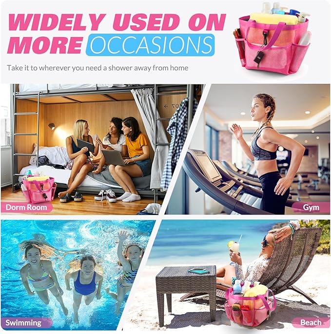 LOYEE Mesh Shower Caddy Portable for College Dorm Room Essentials with 8 Pockets, Shower Bag for Beach, Swimming, Gym, Travel, Bathroom(All rose pink)