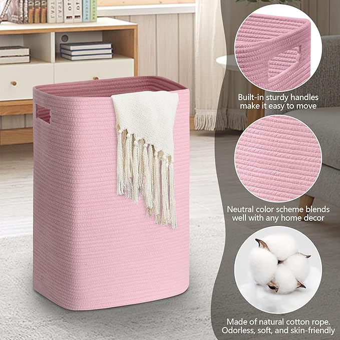 MEGASKET Large Laundry Hamper 16"x13"x22" - Tall Woven Laundry Basket, Cotton Rope Dirty Clothes Hamper, Baby Kids Nursery Wicker Laundry Basket, Bedroom Aesthetic, Soft Laundry Bin, Pink Hamper, 75L