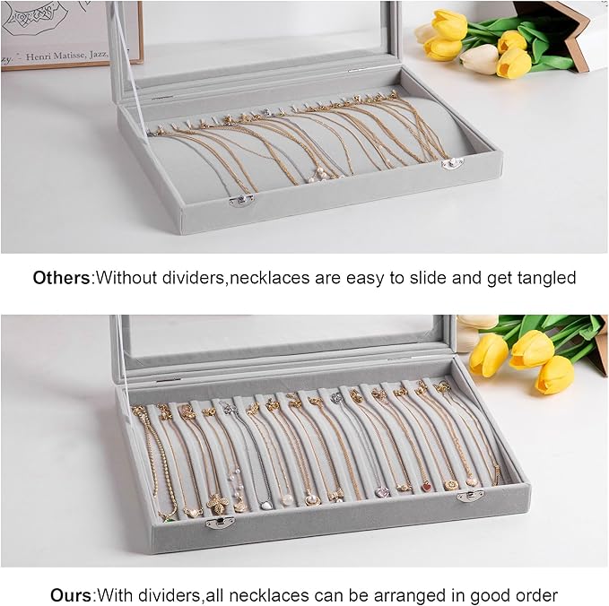 Frebeauty 15 Hooks Necklace Tray Velvet Neckalce Organizer with Clear Lid Lockable Necklace Holder Box Jewelry Organizer for Pendants Chains Necklace Jeweley Tray for Women (Purple)