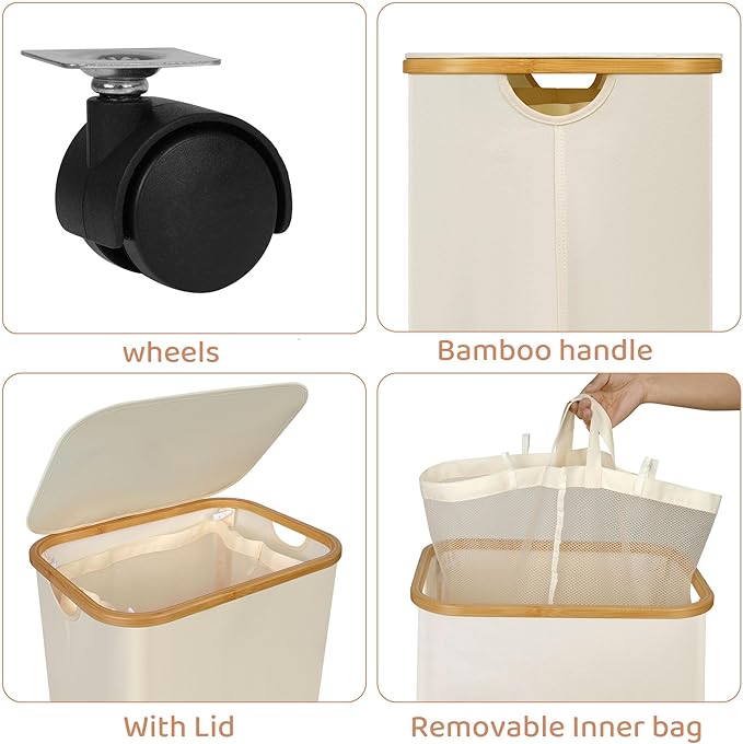 Laundry Basket with Wheels, 110L Beige Clothes Hamper for Laundry, Laundry Hamper with Lid and Inner Bag, Beige