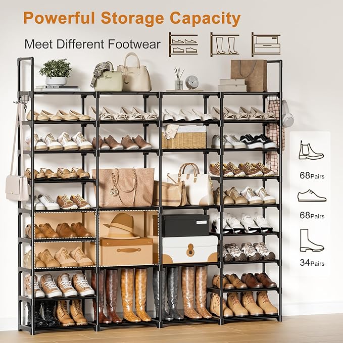 WOWLIVE 4 Row 9 Tiers Extra Large Shoe Rack 68-72 Pairs Big Tall Metal Shoe Shelf, Heavy Duty Organizer for Closet Entryway, Boot Rack Storage Stackable Stand for Garage Black