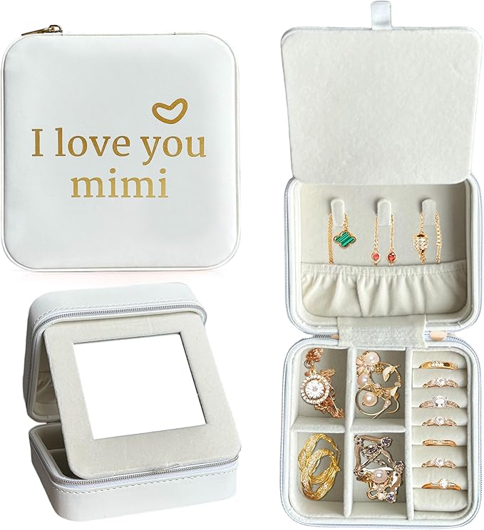 COLLECTIVE HOME - Travel Jewelry Case, Elegant Square Design with Heartfelt Message, Built-in Mirror, Personalized Mother's Day Gift Organizer for Rings, Necklaces, and More (I love you mimi)
