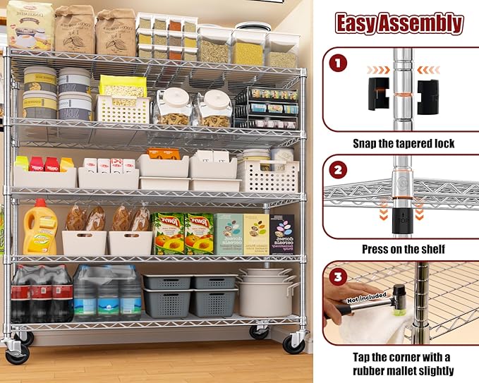 PrimeZone 5 Tier 48" Wx24''Dx81''H Wire Shelving with Wheels 3000lbs NSF Certified Storage Shelves Heavy Duty Metal Shelf Adjustable Rolling Rack Commercial Garage Restaurant Warehouse Chrome 2Pack