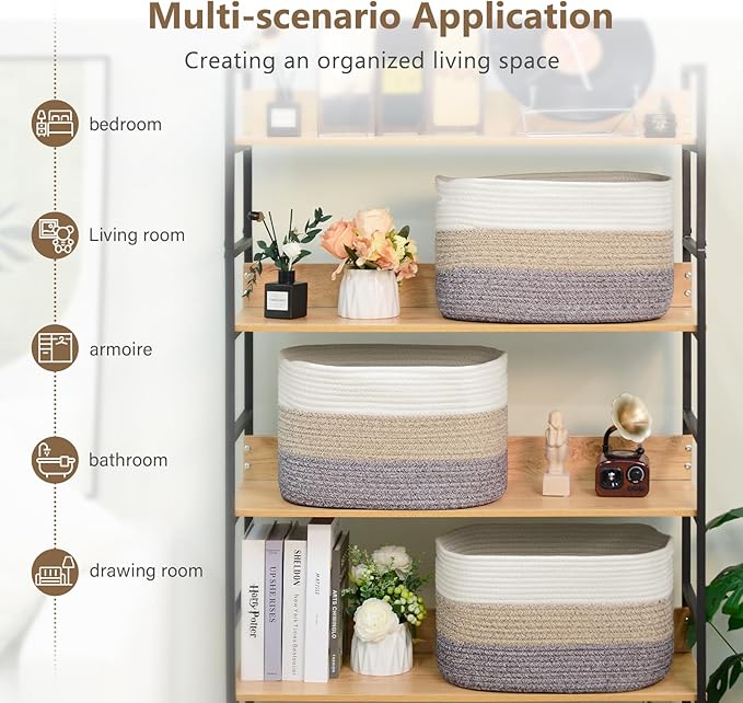 ECDYQXVU Cotton Rope Storage Basket, 15x10x9 Inches, Woven Basket for Shelves, Clothes, Towels, Books, and Laundry, White Brown (2 Pack)