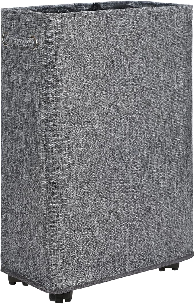 DOKEHOM 25-Inches Slim Laundry Basket on Wheels, Collapsible Rolling Laundry Hamper, Foldable Narrow Corner Clothes Storage Bins (Linen Grey)