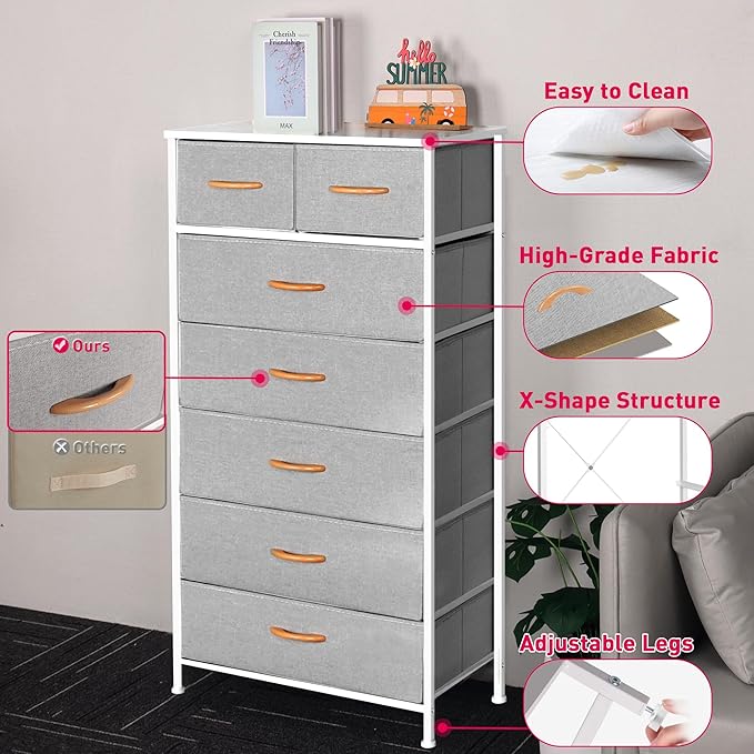 Mifuro Tall Dresser for Bedroom, Vertical Storage Organizer Tower with 7 Drawers, Chest of Drawers with Fabric Bins, Steel Frame, Wood Top for Bedroom, Closet, Entryway- Light Grey