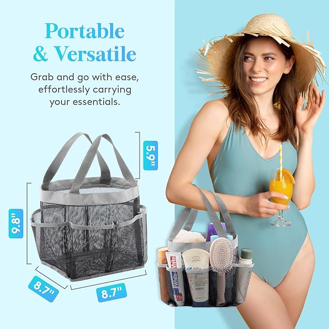 Lifewit Mesh Shower Caddy Portable for College Dorm Room Essentials with 7 Pockets, Freestanding Hanging Organizer Basket, Quick Dry Tote Bag for Camping, Bathroom, Beach, Travel, 1 Pack, Grey