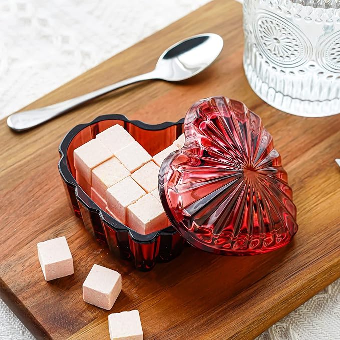 kanpura Crystal Glass Heart-Shaped Jewelry Box,Candy Box with Lid,Women's Covered Earrings Necklace Chest Trinket Storage Box, Glass Jar Christmas Gifts for Women and Girls(Burgundy)
