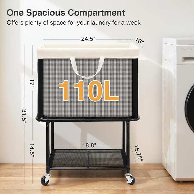 STO STO Rolling Laundry Hamper with Lockable Wheels, 29-Gallon (110L) Laundry Cart with Removable Canvas Bag, 2-Tier Clothes Basket Hamper with Shelf for Closet, Bedroom, Bathroom, Laundry Room